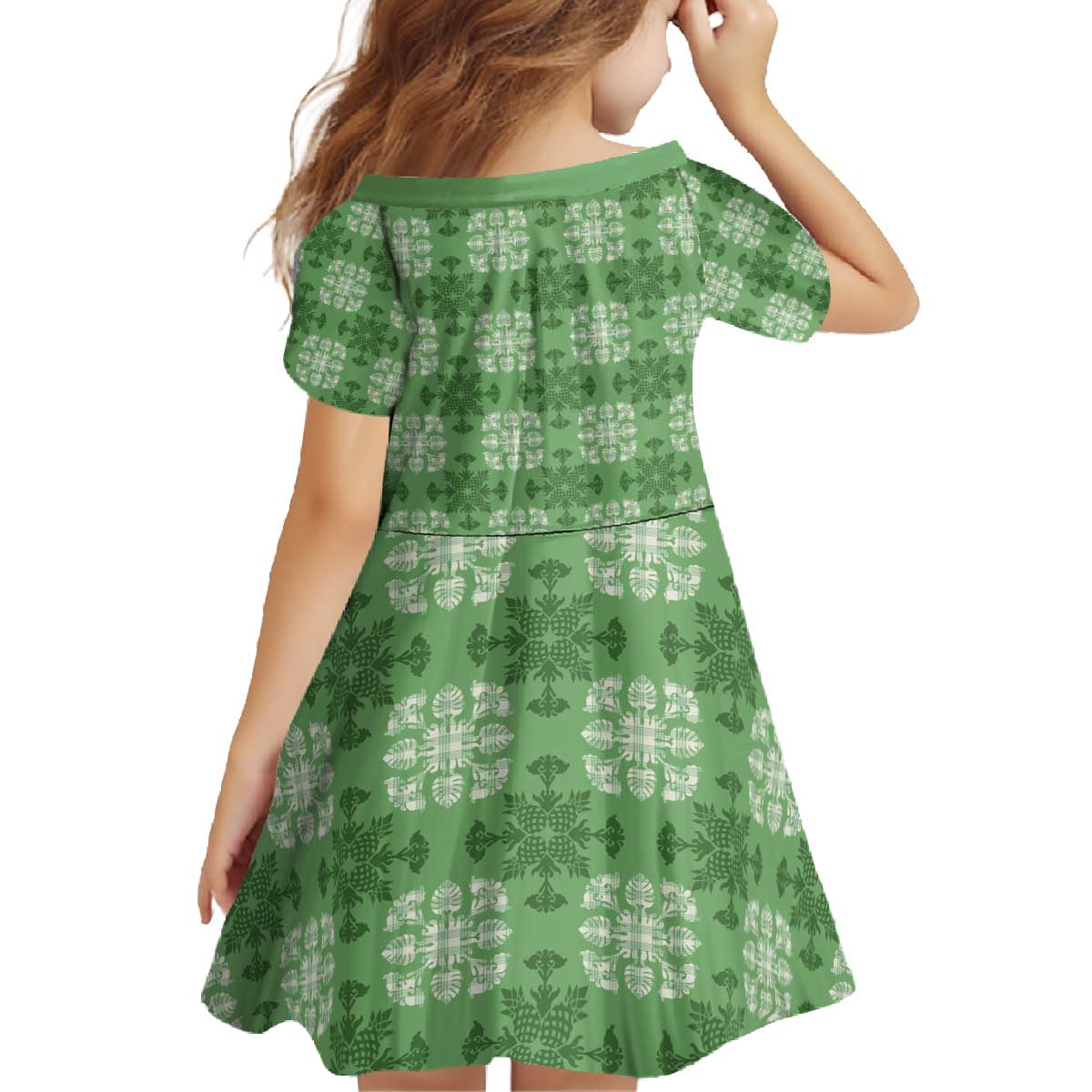 Green Hawaiian Quilt Family Matching Off The Shoulder Long Sleeve Dress and Hawaiian Shirt Hawaii Pineapple Monstera Palaka Motifs LT14 - Polynesian Pride
