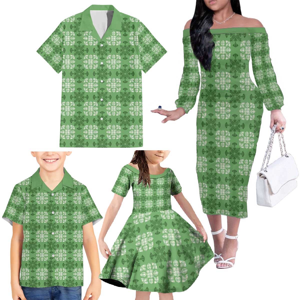Green Hawaiian Quilt Family Matching Off The Shoulder Long Sleeve Dress and Hawaiian Shirt Hawaii Pineapple Monstera Palaka Motifs LT14 - Polynesian Pride