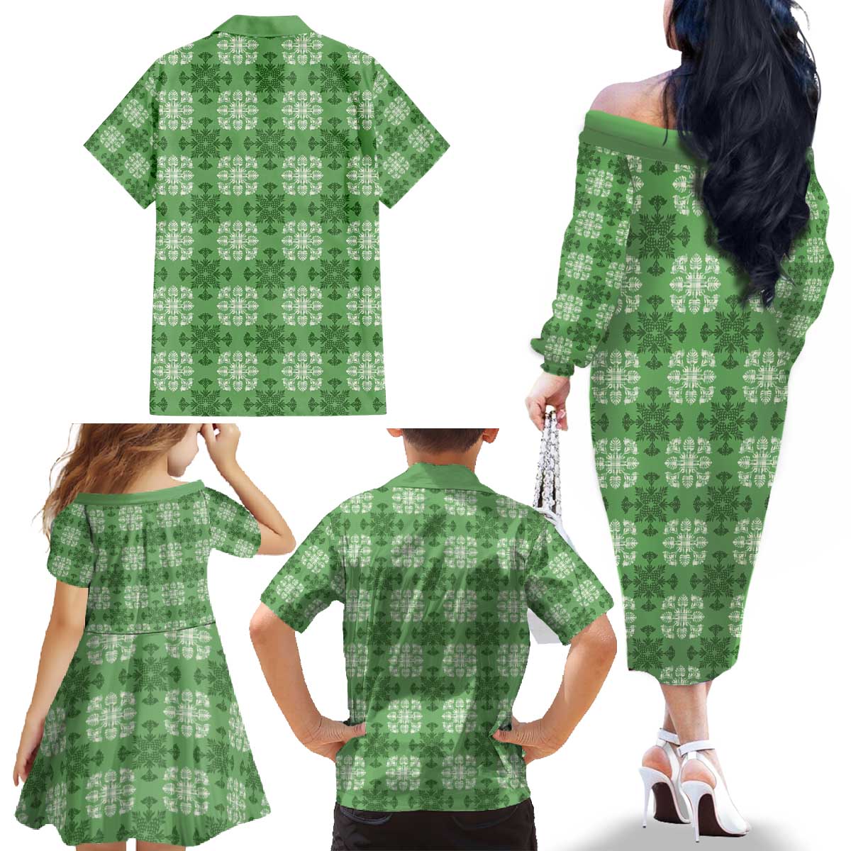 Green Hawaiian Quilt Family Matching Off The Shoulder Long Sleeve Dress and Hawaiian Shirt Hawaii Pineapple Monstera Palaka Motifs LT14 - Polynesian Pride