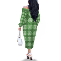 Green Hawaiian Quilt Family Matching Off The Shoulder Long Sleeve Dress and Hawaiian Shirt Hawaii Pineapple Monstera Palaka Motifs LT14 - Polynesian Pride