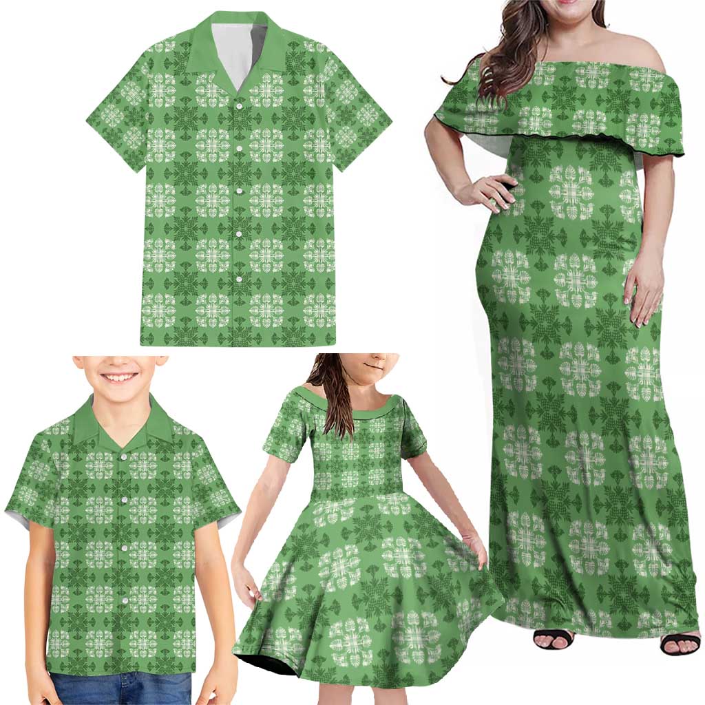 Green Hawaiian Quilt Family Matching Off Shoulder Maxi Dress and Hawaiian Shirt Hawaii Pineapple Monstera Palaka Motifs LT14 - Polynesian Pride