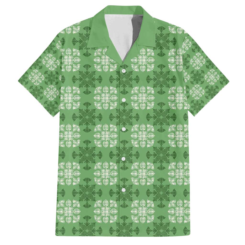 Green Hawaiian Quilt Family Matching Off Shoulder Maxi Dress and Hawaiian Shirt Hawaii Pineapple Monstera Palaka Motifs LT14 Dad's Shirt - Short Sleeve Green - Polynesian Pride