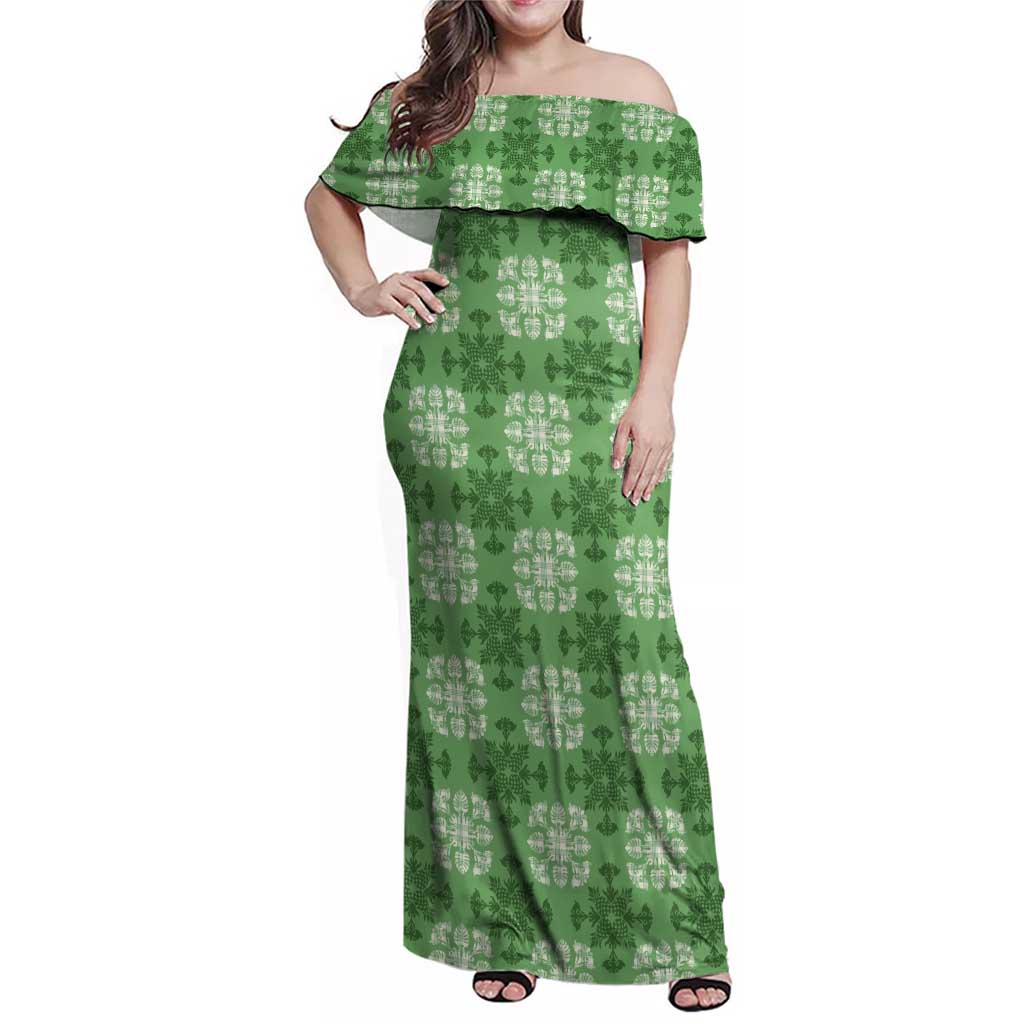 Green Hawaiian Quilt Family Matching Off Shoulder Maxi Dress and Hawaiian Shirt Hawaii Pineapple Monstera Palaka Motifs LT14 Mom's Dress Green - Polynesian Pride