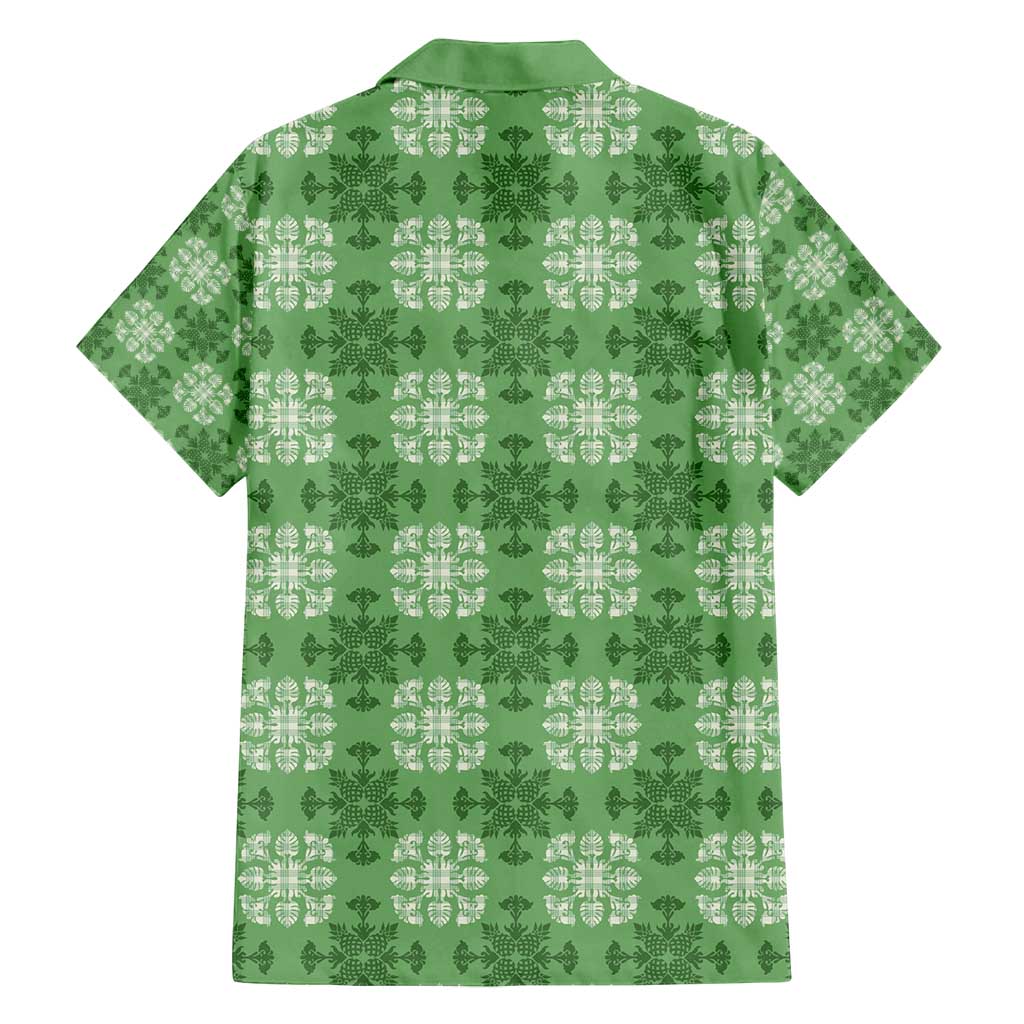 Green Hawaiian Quilt Family Matching Off Shoulder Short Dress and Hawaiian Shirt Hawaii Pineapple Monstera Palaka Motifs LT14 - Polynesian Pride