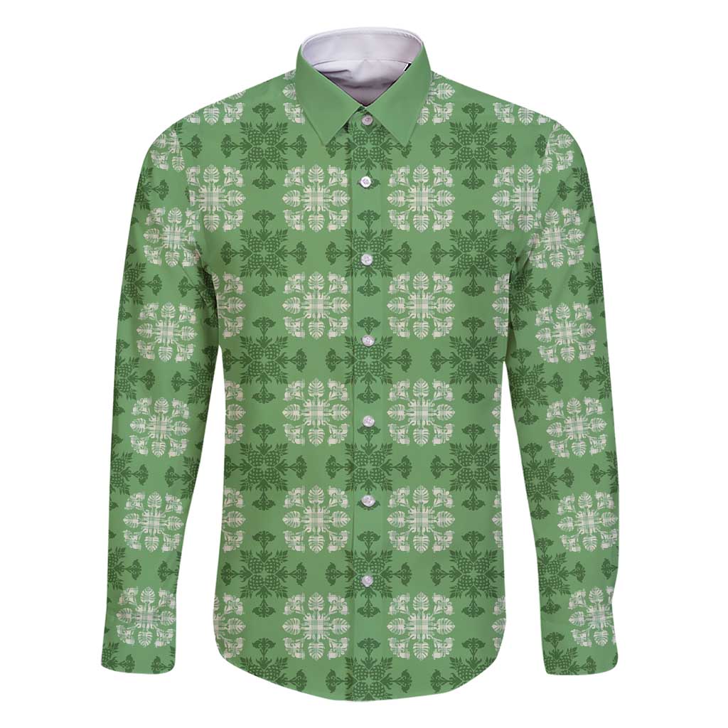 Green Hawaiian Quilt Family Matching Short Sleeve Bodycon Dress and Hawaiian Shirt Hawaii Pineapple Monstera Palaka Motifs LT14 Dad's Shirt - Long Sleeve Green - Polynesian Pride