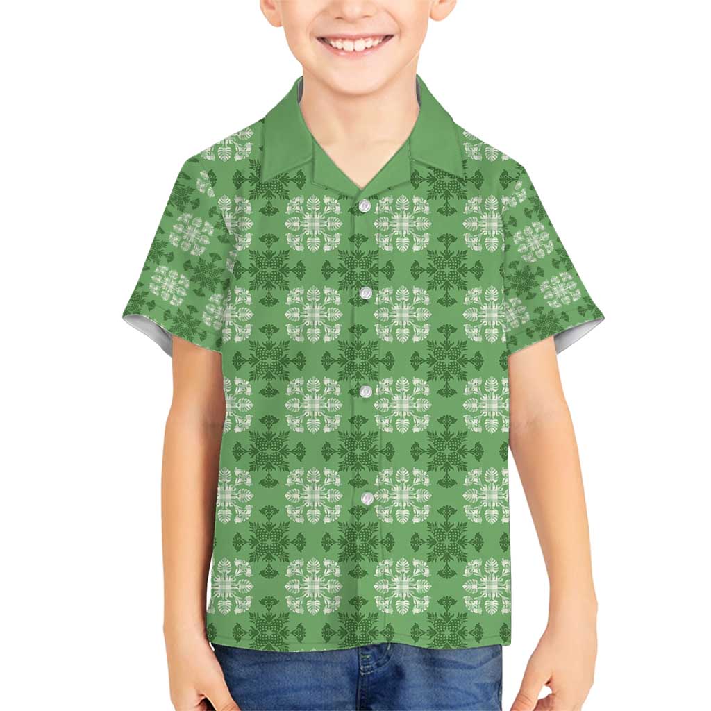 Green Hawaiian Quilt Family Matching Tank Maxi Dress and Hawaiian Shirt Hawaii Pineapple Monstera Palaka Motifs LT14 Son's Shirt Green - Polynesian Pride