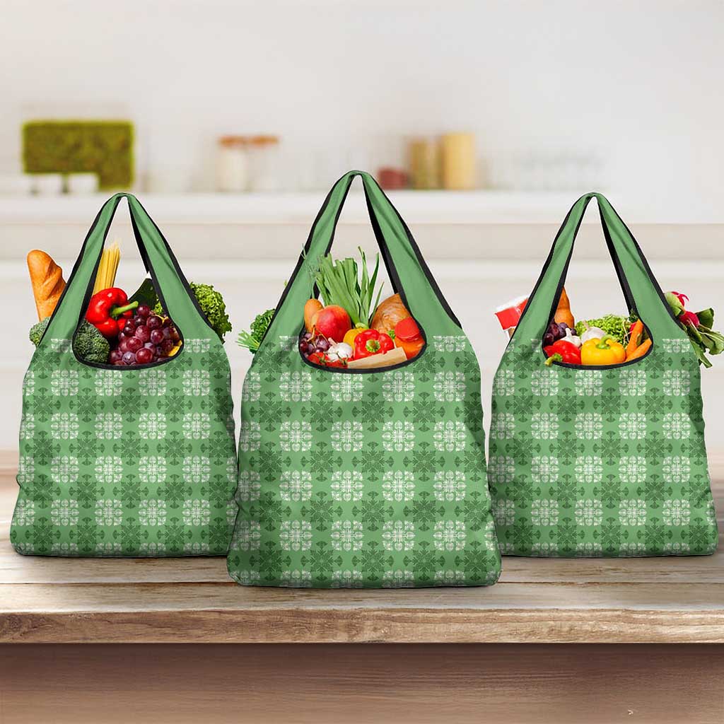 Green Hawaiian Quilt Grocery Bag Hawaii Pineapple Monstera Palaka Motifs - Polynesian Pride