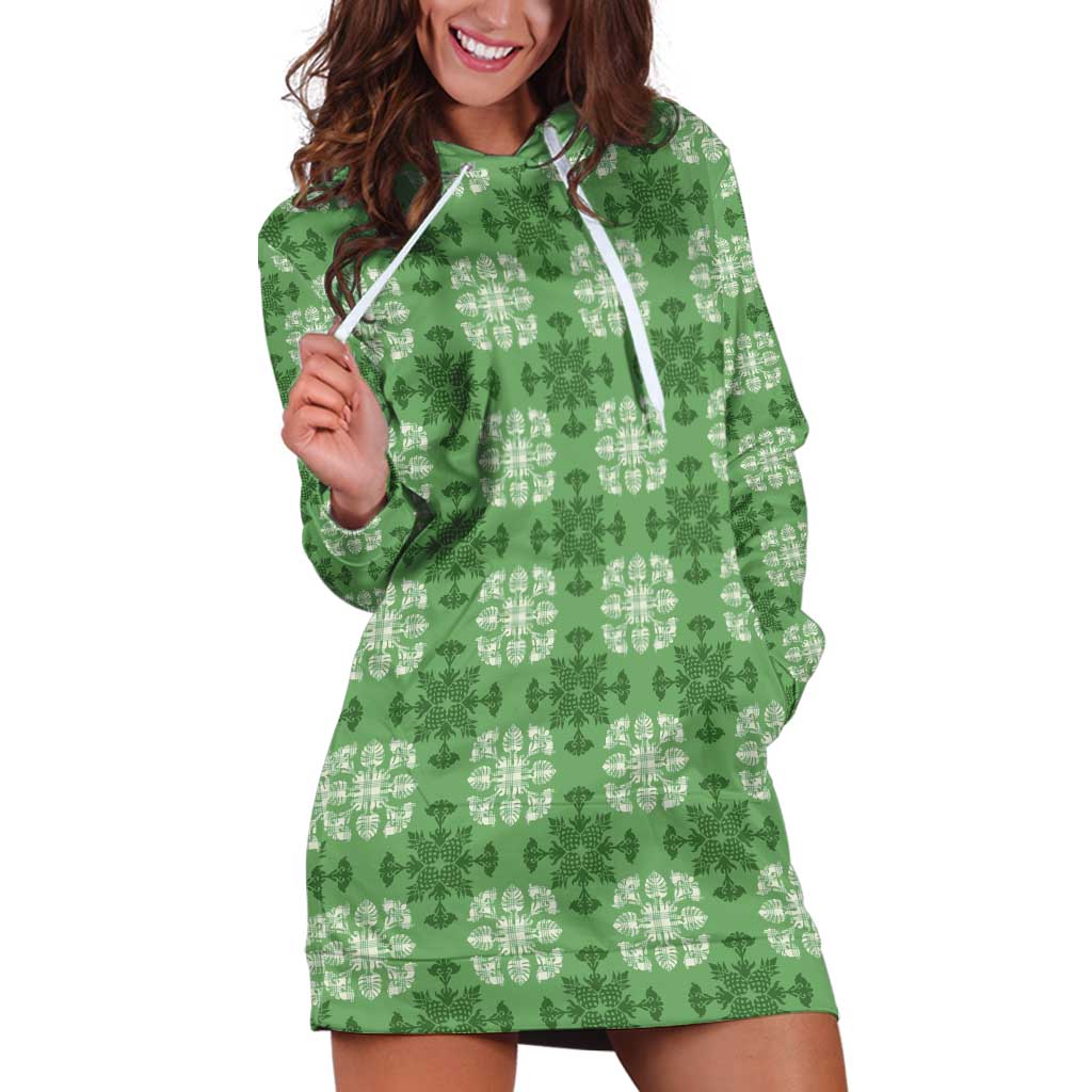 Green Hawaiian Quilt Hoodie Dress Hawaii Pineapple Monstera Palaka Motifs - Polynesian Pride