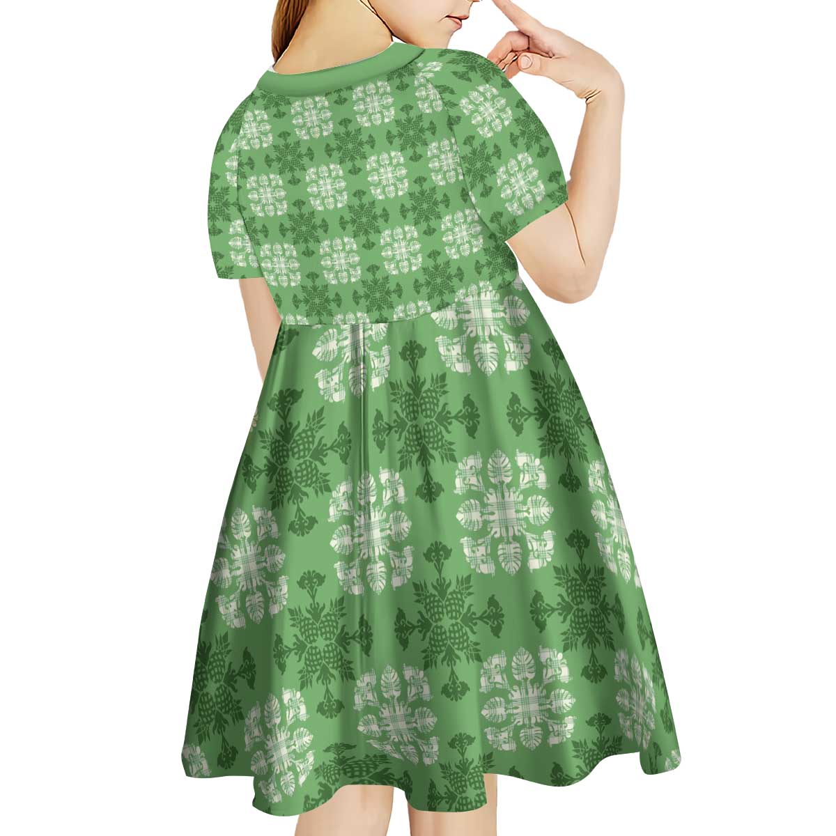 Green Hawaiian Quilt Kid Short Sleeve Dress Hawaii Pineapple Monstera Palaka Motifs - Polynesian Pride