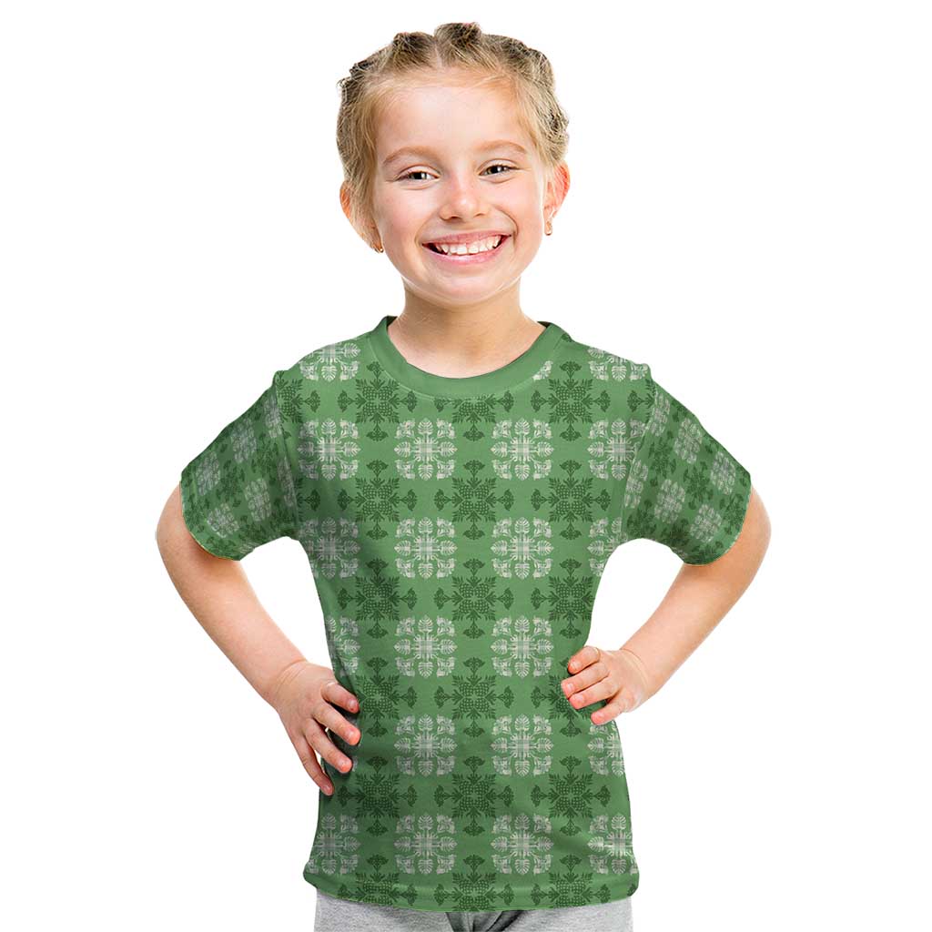 Green Hawaiian Quilt Kid T Shirt Hawaii Pineapple Monstera Palaka Motifs - Polynesian Pride