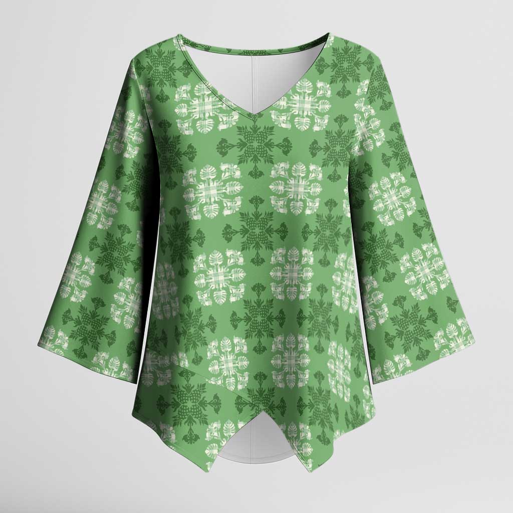 Green Hawaiian Quilt Kimono Sleeve Blouse Hawaii Pineapple Monstera Palaka Motifs - Polynesian Pride