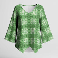 Green Hawaiian Quilt Kimono Sleeve Blouse Hawaii Pineapple Monstera Palaka Motifs - Polynesian Pride