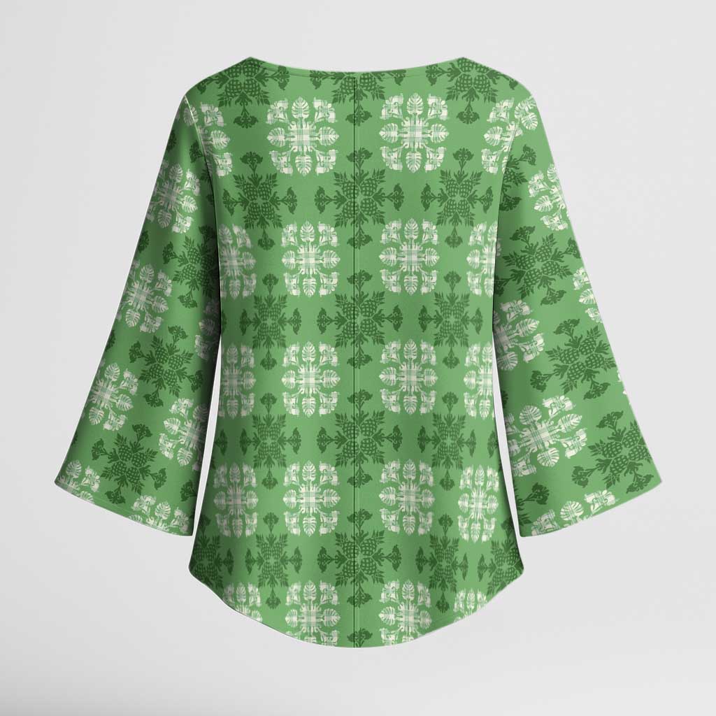 Green Hawaiian Quilt Kimono Sleeve Blouse Hawaii Pineapple Monstera Palaka Motifs - Polynesian Pride
