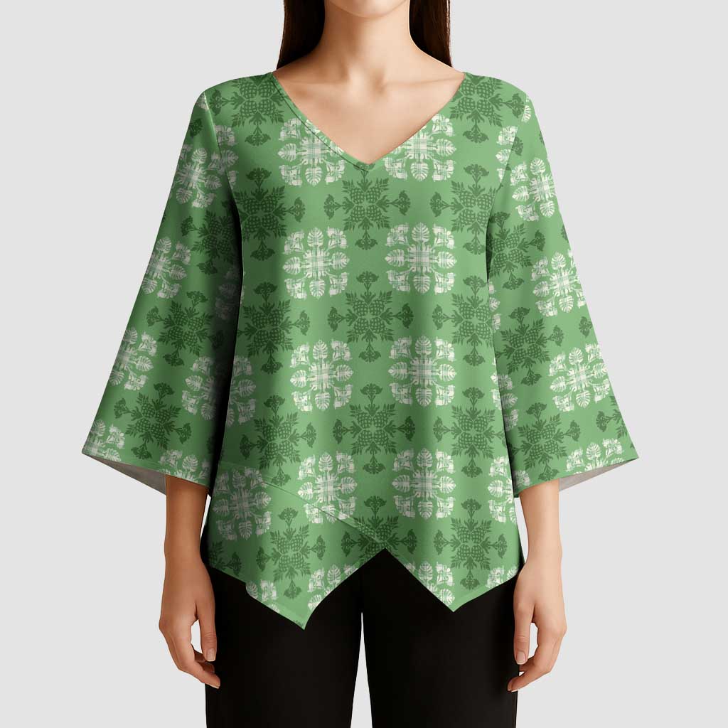 Green Hawaiian Quilt Kimono Sleeve Blouse Hawaii Pineapple Monstera Palaka Motifs - Polynesian Pride