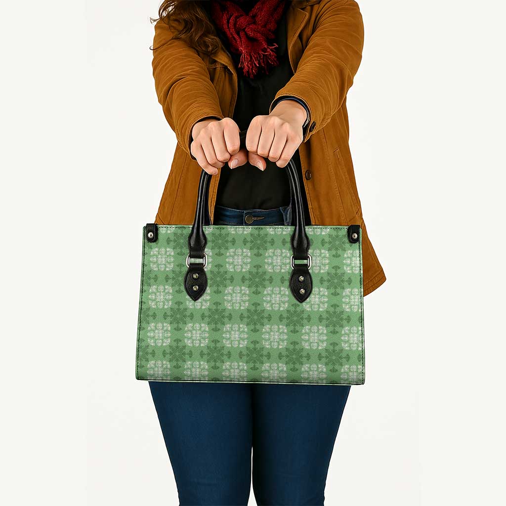 Green Hawaiian Quilt Leather Bag Hawaii Pineapple Monstera Palaka Motifs - Polynesian Pride