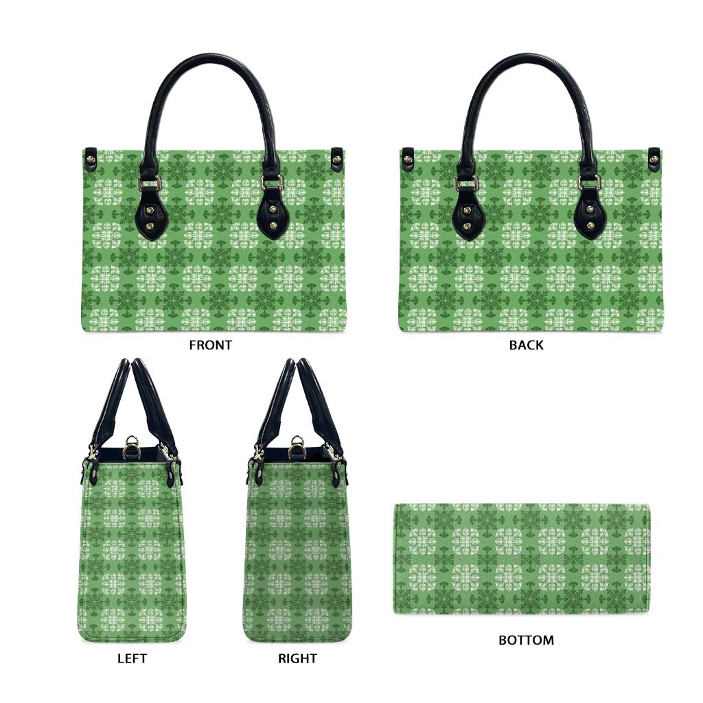 Green Hawaiian Quilt Leather Bag Hawaii Pineapple Monstera Palaka Motifs - Polynesian Pride