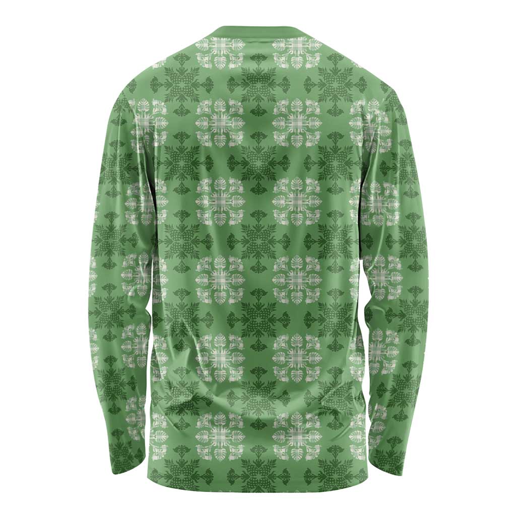 Green Hawaiian Quilt Long Sleeve Shirt Hawaii Pineapple Monstera Palaka Motifs - Polynesian Pride