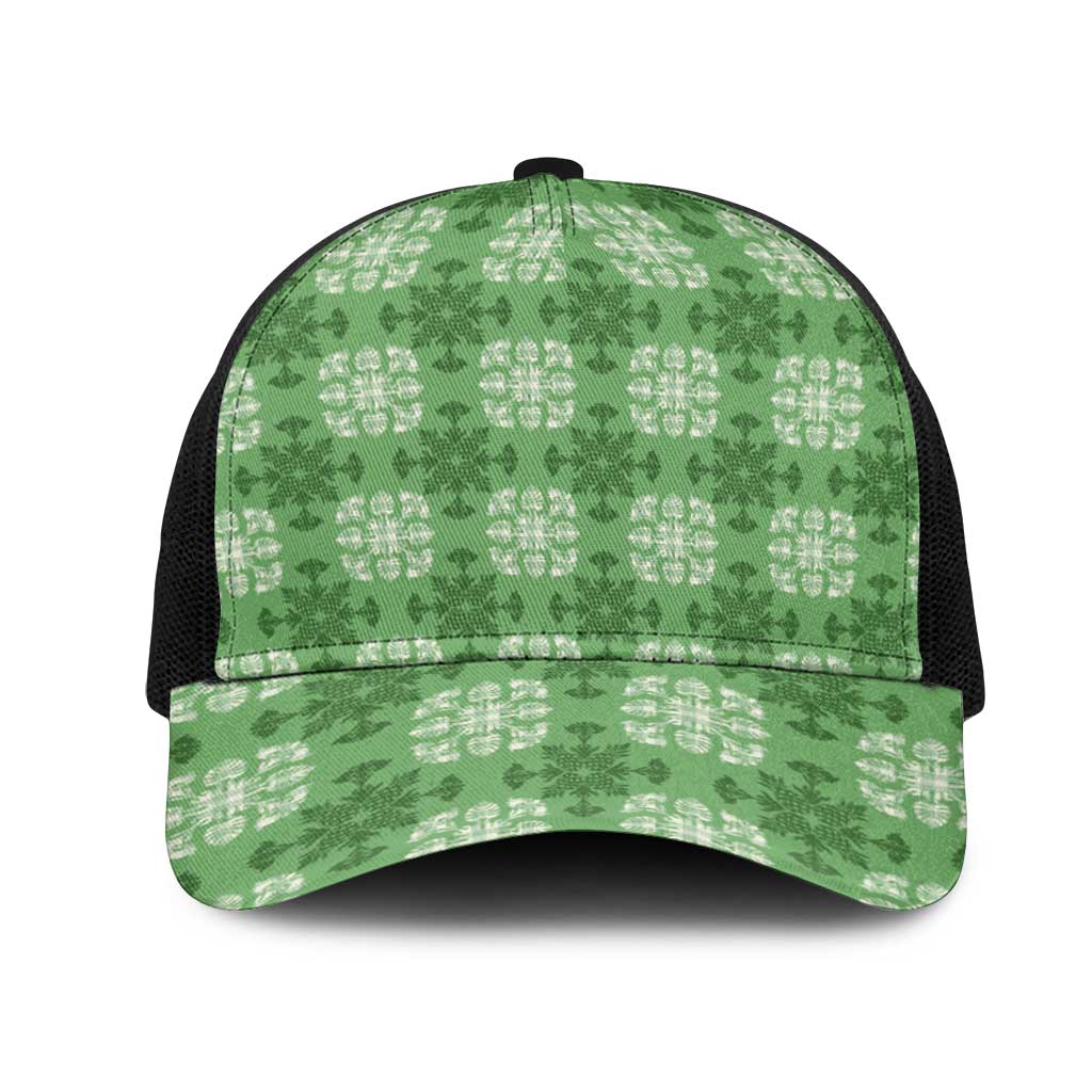 Green Hawaiian Quilt Mesh Trucker Cap Hawaii Pineapple Monstera Palaka Motifs LT14 One Size Black Green - Polynesian Pride