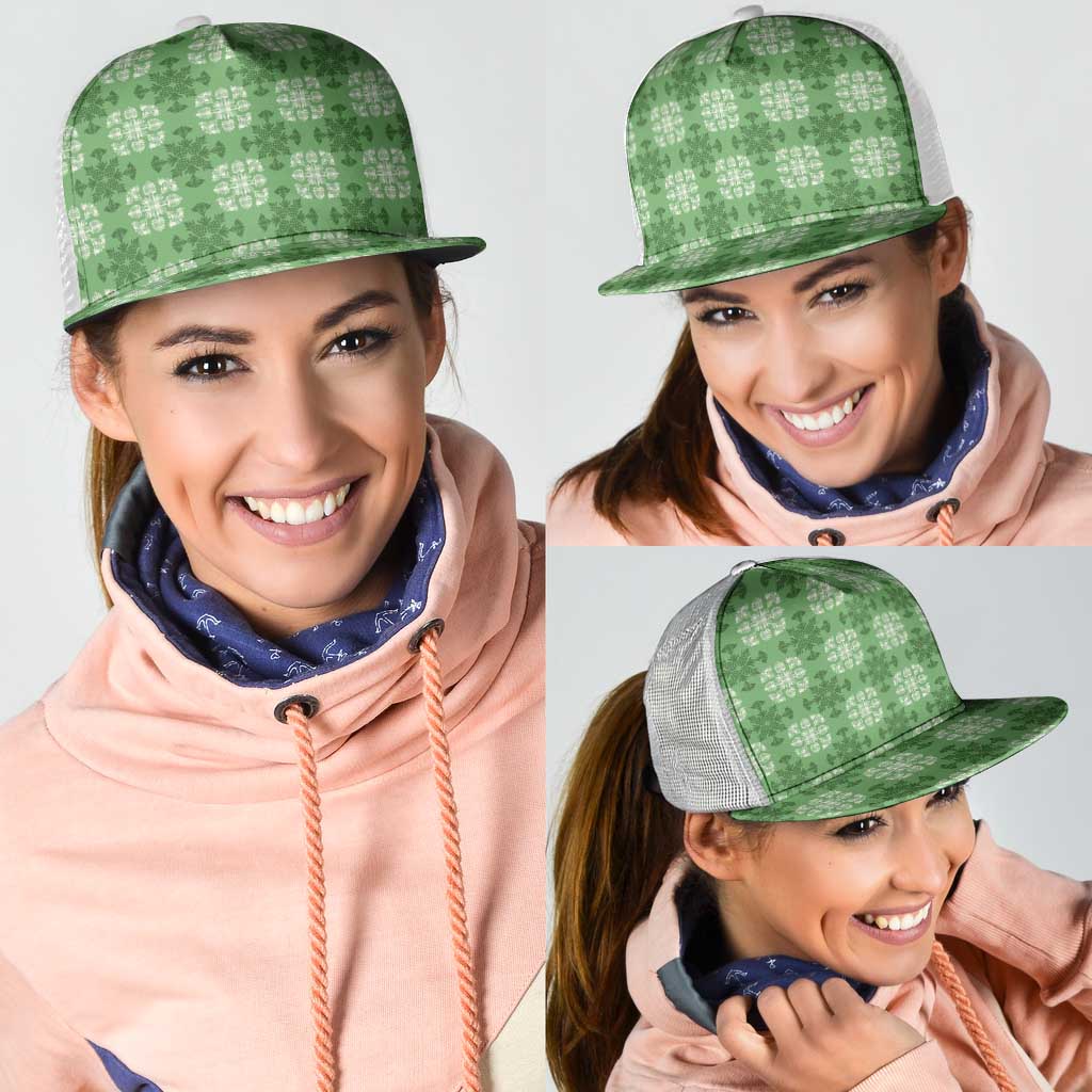 Green Hawaiian Quilt Mesh Trucker Cap Hawaii Pineapple Monstera Palaka Motifs LT14 - Polynesian Pride