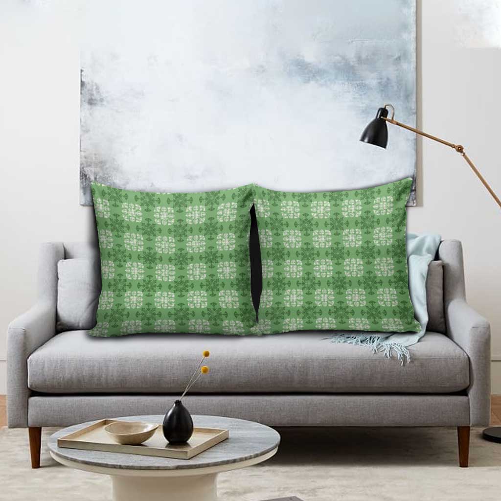Green Hawaiian Quilt Pillow Cover Hawaii Pineapple Monstera Palaka Motifs - Polynesian Pride
