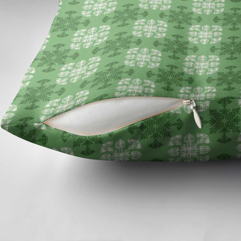 Green Hawaiian Quilt Pillow Cover Hawaii Pineapple Monstera Palaka Motifs - Polynesian Pride