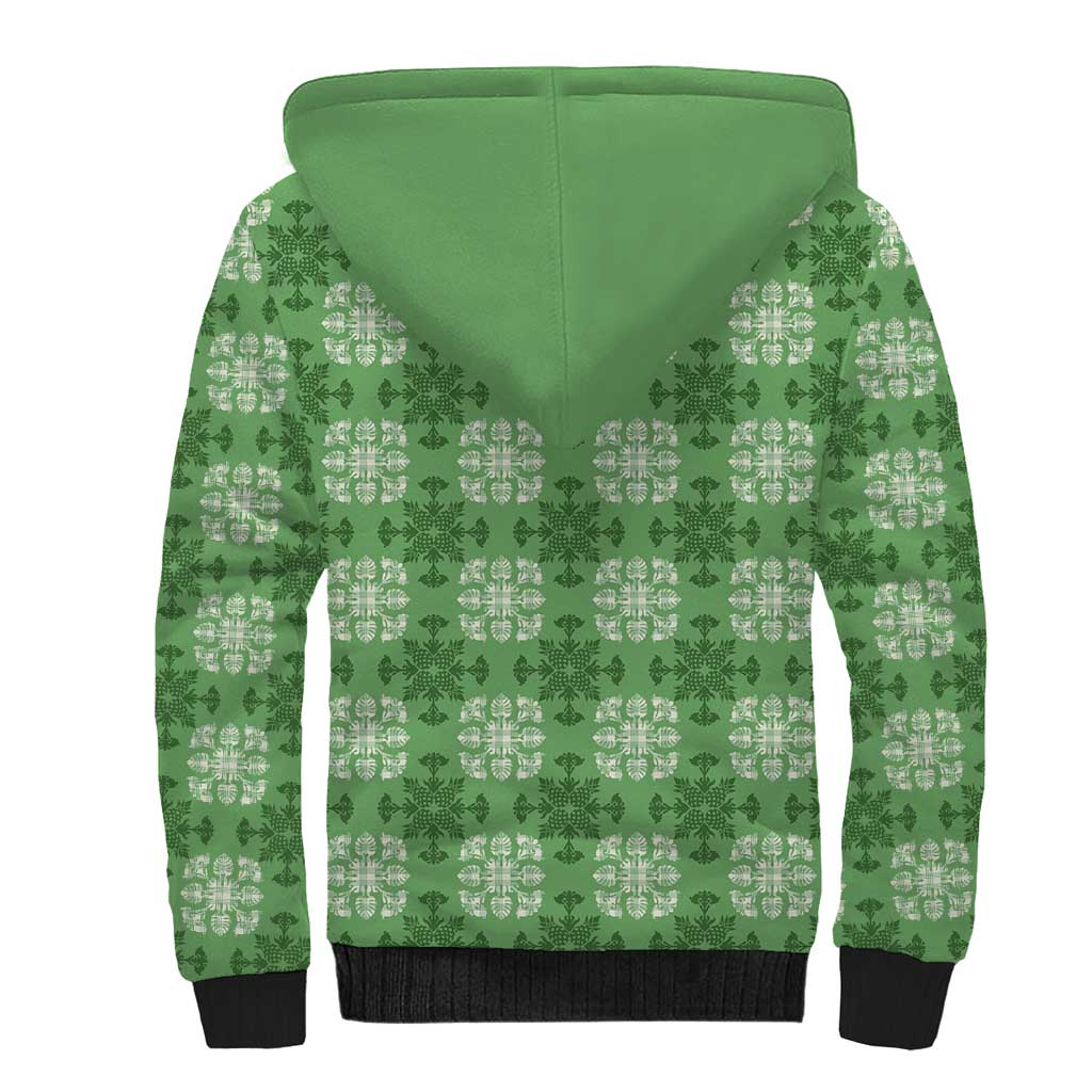 Green Hawaiian Quilt Sherpa Hoodie Hawaii Pineapple Monstera Palaka Motifs - Polynesian Pride