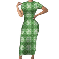 Green Hawaiian Quilt Short Sleeve Bodycon Dress Hawaii Pineapple Monstera Palaka Motifs LT14 Long Dress Green - Polynesian Pride