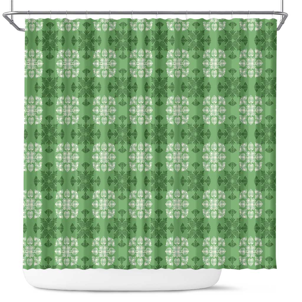 Green Hawaiian Quilt Shower Curtain Hawaii Pineapple Monstera Palaka Motifs - Polynesian Pride