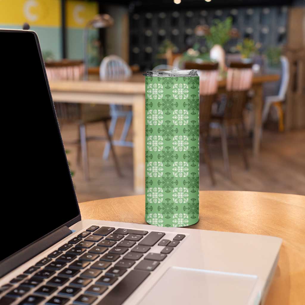 Green Hawaiian Quilt Skinny Tumbler Hawaii Pineapple Monstera Palaka Motifs - Polynesian Pride