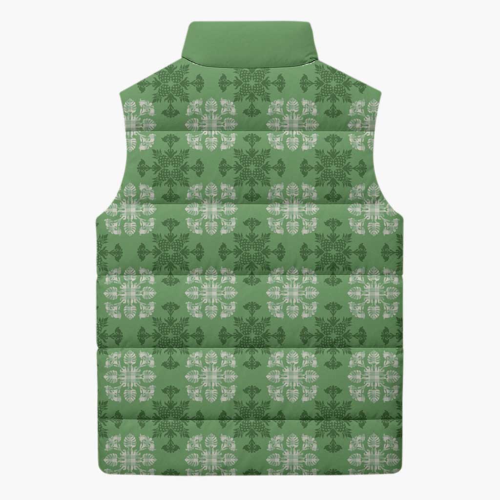 Green Hawaiian Quilt Sleeveless Puffer Jacket Hawaii Pineapple Monstera Palaka Motifs - Polynesian Pride