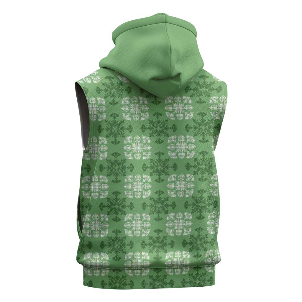 Green Hawaiian Quilt Sleeveless Zip Hoodie Hawaii Pineapple Monstera Palaka Motifs - Polynesian Pride