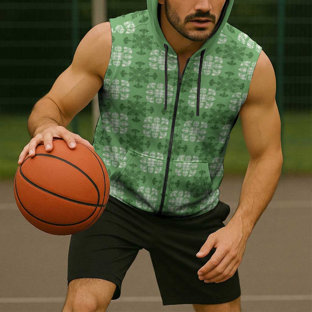 Green Hawaiian Quilt Sleeveless Zip Hoodie Hawaii Pineapple Monstera Palaka Motifs - Polynesian Pride
