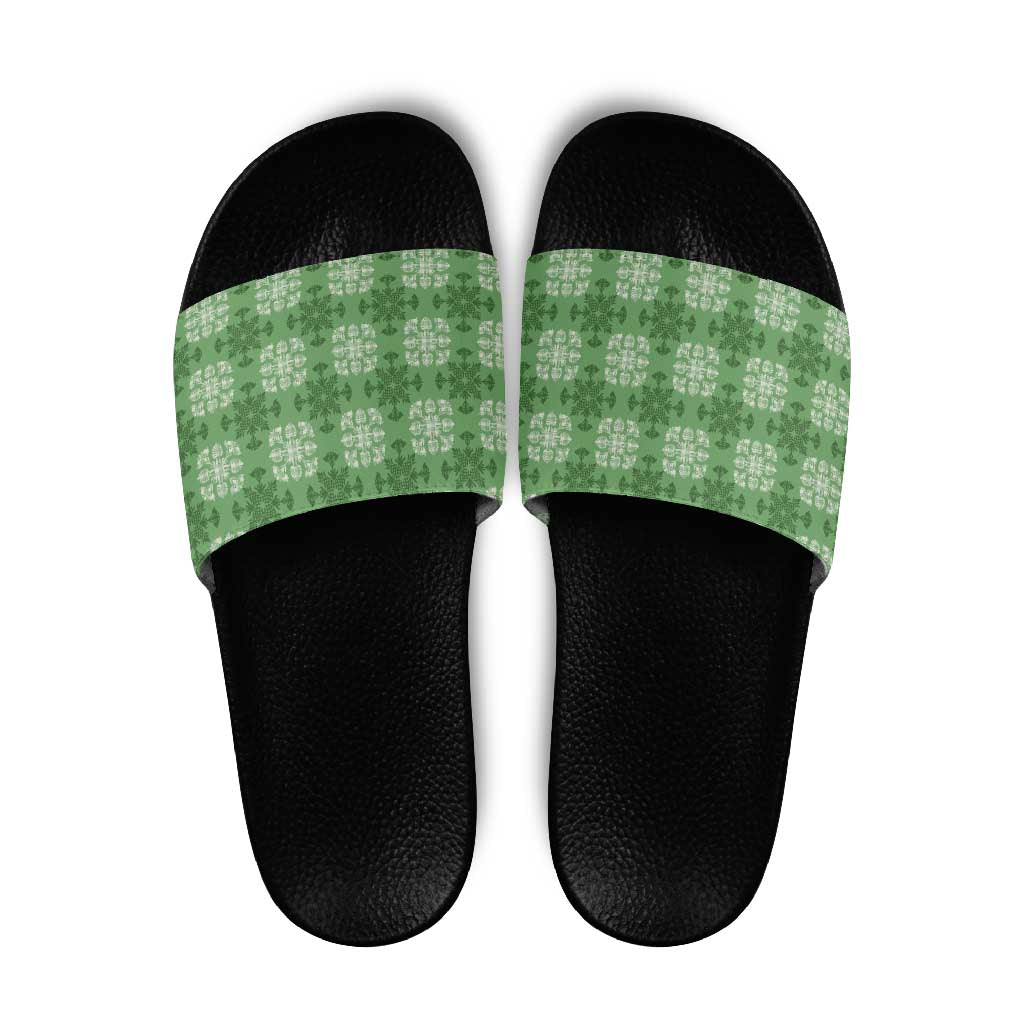 Green Hawaiian Quilt Slide Sandals Hawaii Pineapple Monstera Palaka Motifs - Polynesian Pride
