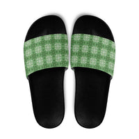 Green Hawaiian Quilt Slide Sandals Hawaii Pineapple Monstera Palaka Motifs - Polynesian Pride
