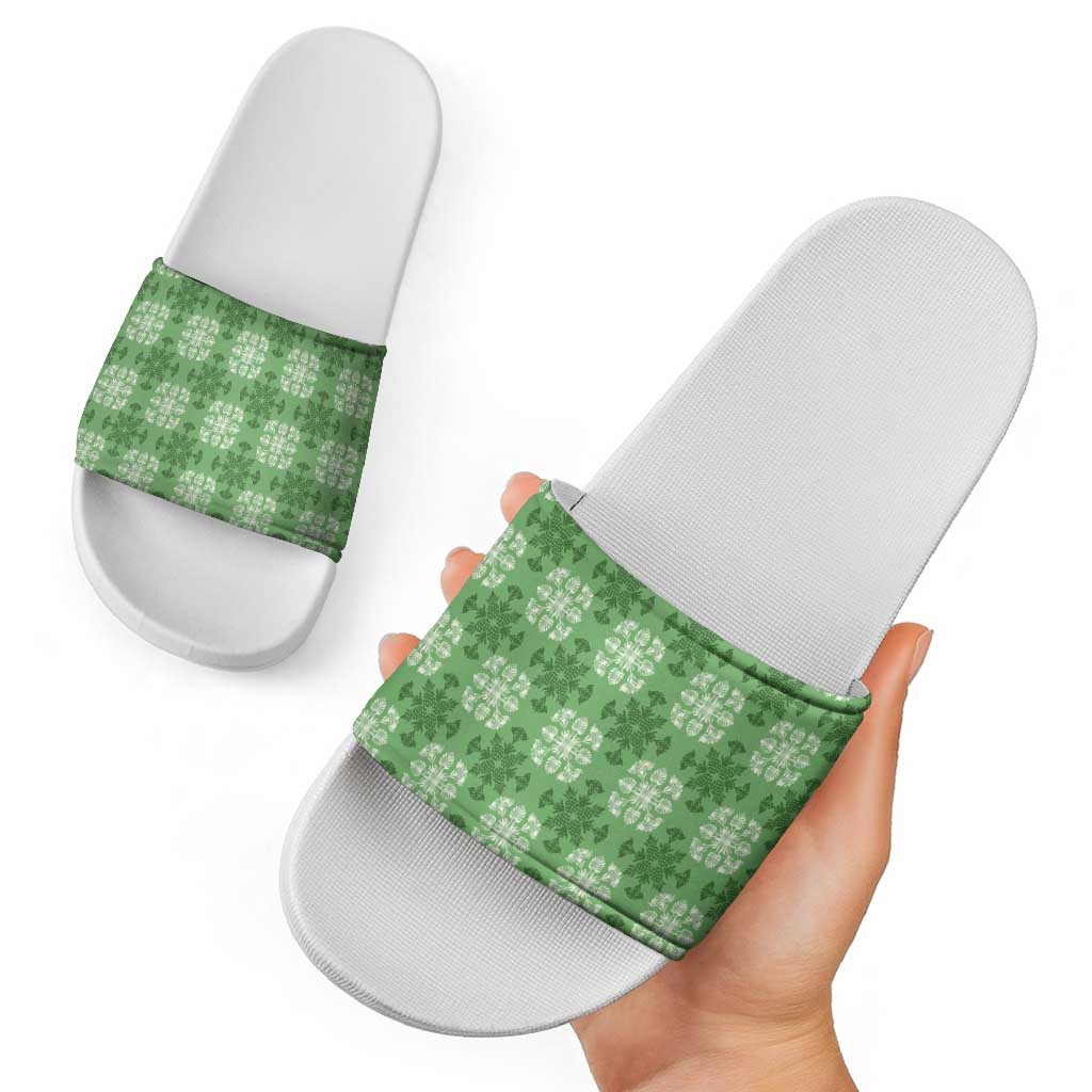 Green Hawaiian Quilt Slide Sandals Hawaii Pineapple Monstera Palaka Motifs - Polynesian Pride