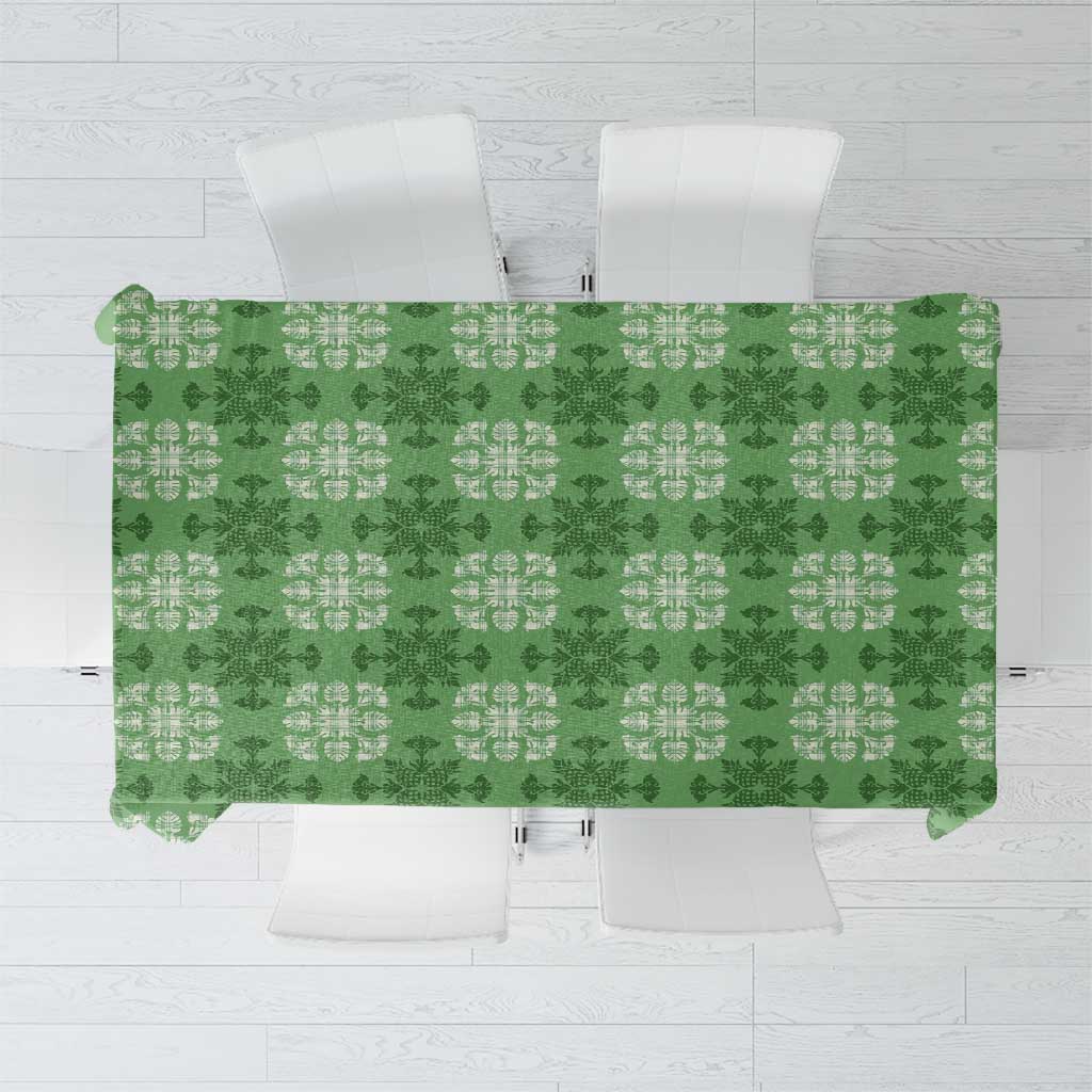 Green Hawaiian Quilt Tablecloth Hawaii Pineapple Monstera Palaka Motifs - Polynesian Pride