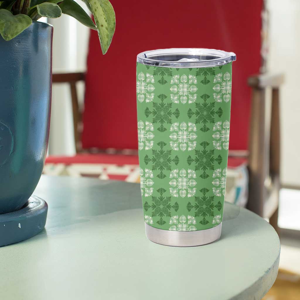Green Hawaiian Quilt Tumbler Cup Hawaii Pineapple Monstera Palaka Motifs - Polynesian Pride