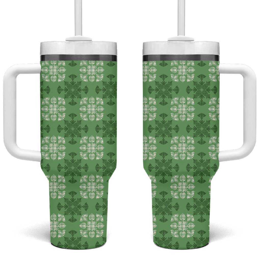 Green Hawaiian Quilt Tumbler With Handle Hawaii Pineapple Monstera Palaka Motifs - Polynesian Pride