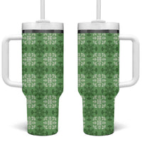 Green Hawaiian Quilt Tumbler With Handle Hawaii Pineapple Monstera Palaka Motifs - Polynesian Pride