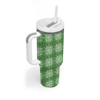 Green Hawaiian Quilt Tumbler With Handle Hawaii Pineapple Monstera Palaka Motifs - Polynesian Pride