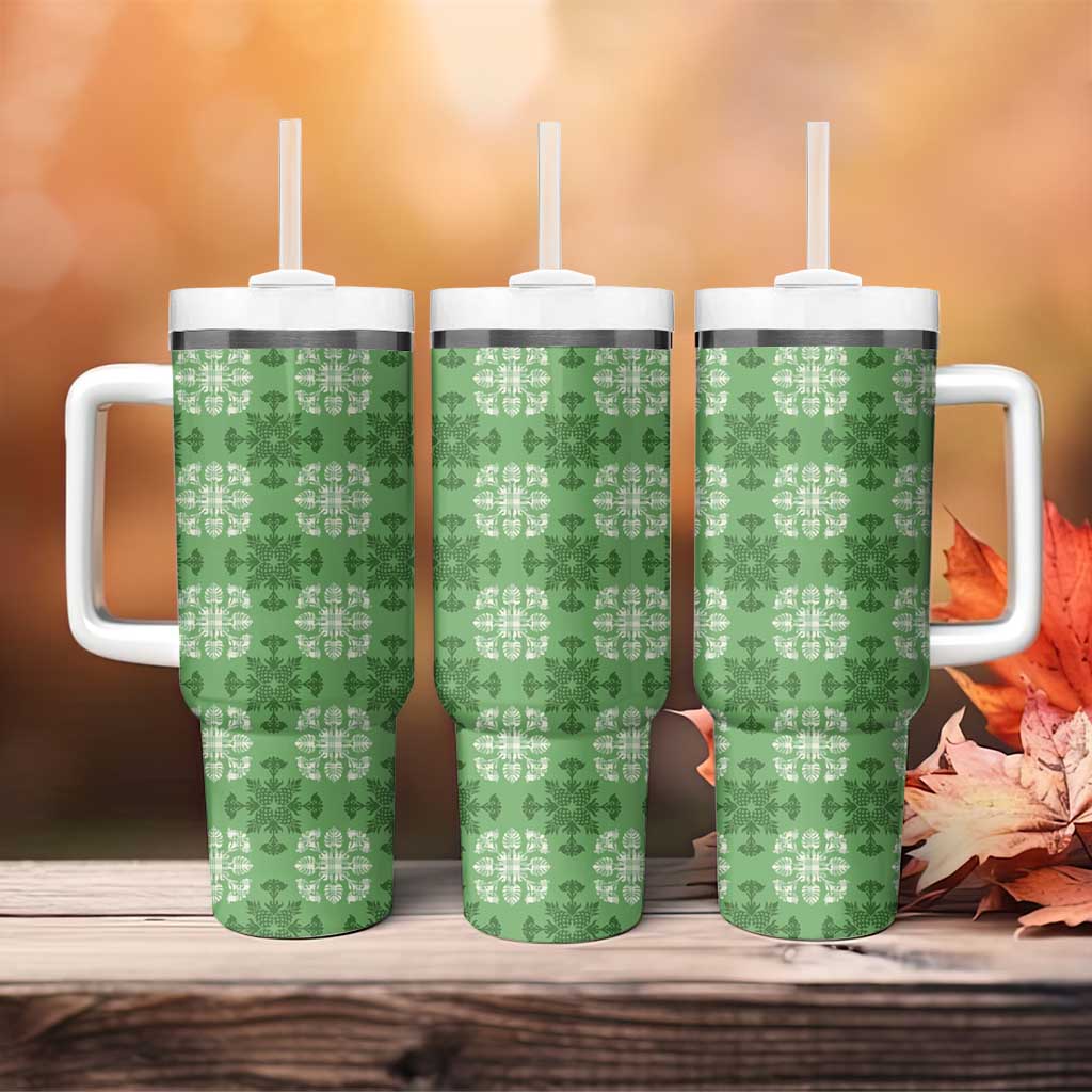 Green Hawaiian Quilt Tumbler With Handle Hawaii Pineapple Monstera Palaka Motifs - Polynesian Pride