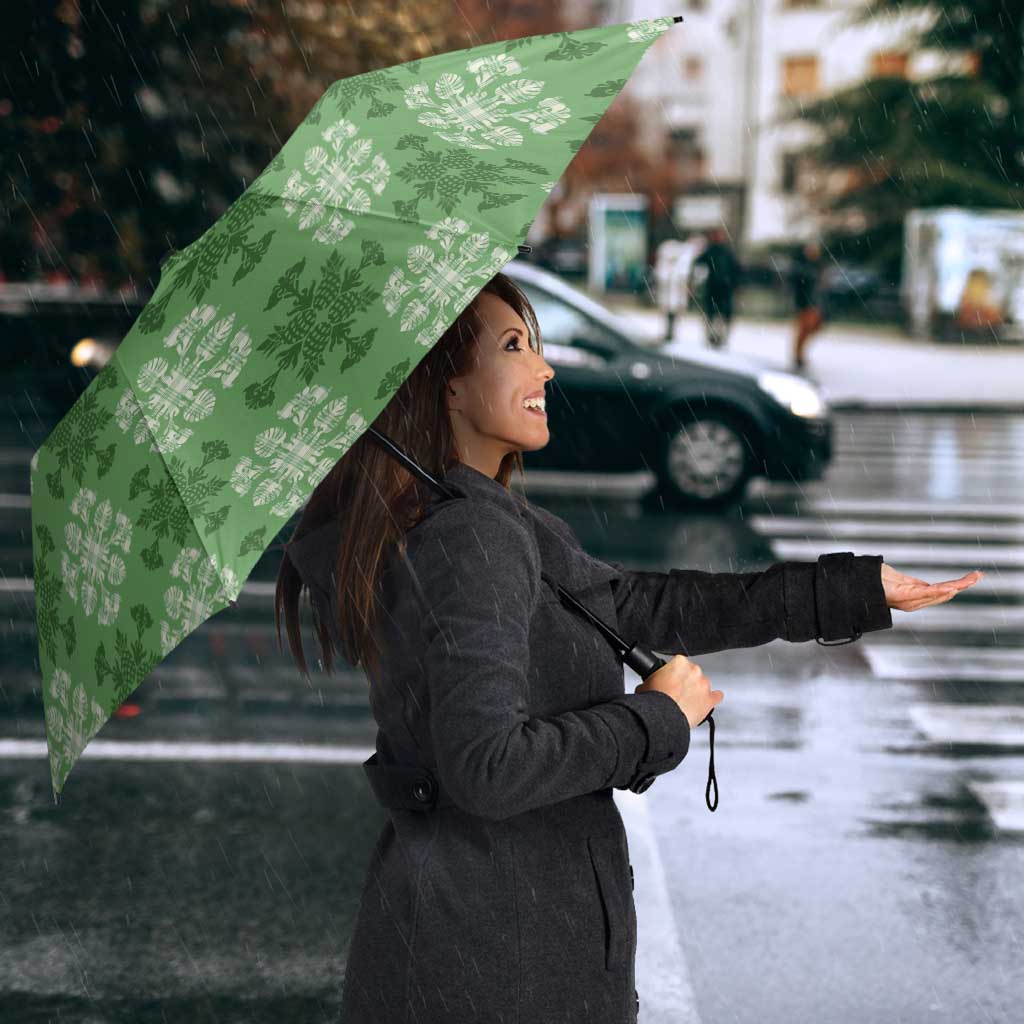 Green Hawaiian Quilt Umbrella Hawaii Pineapple Monstera Palaka Motifs - Polynesian Pride