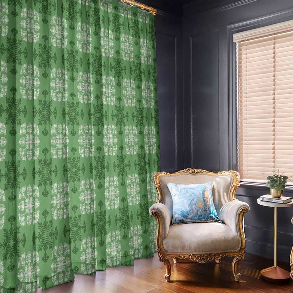Green Hawaiian Quilt Window Curtain Hawaii Pineapple Monstera Palaka Motifs - Polynesian Pride