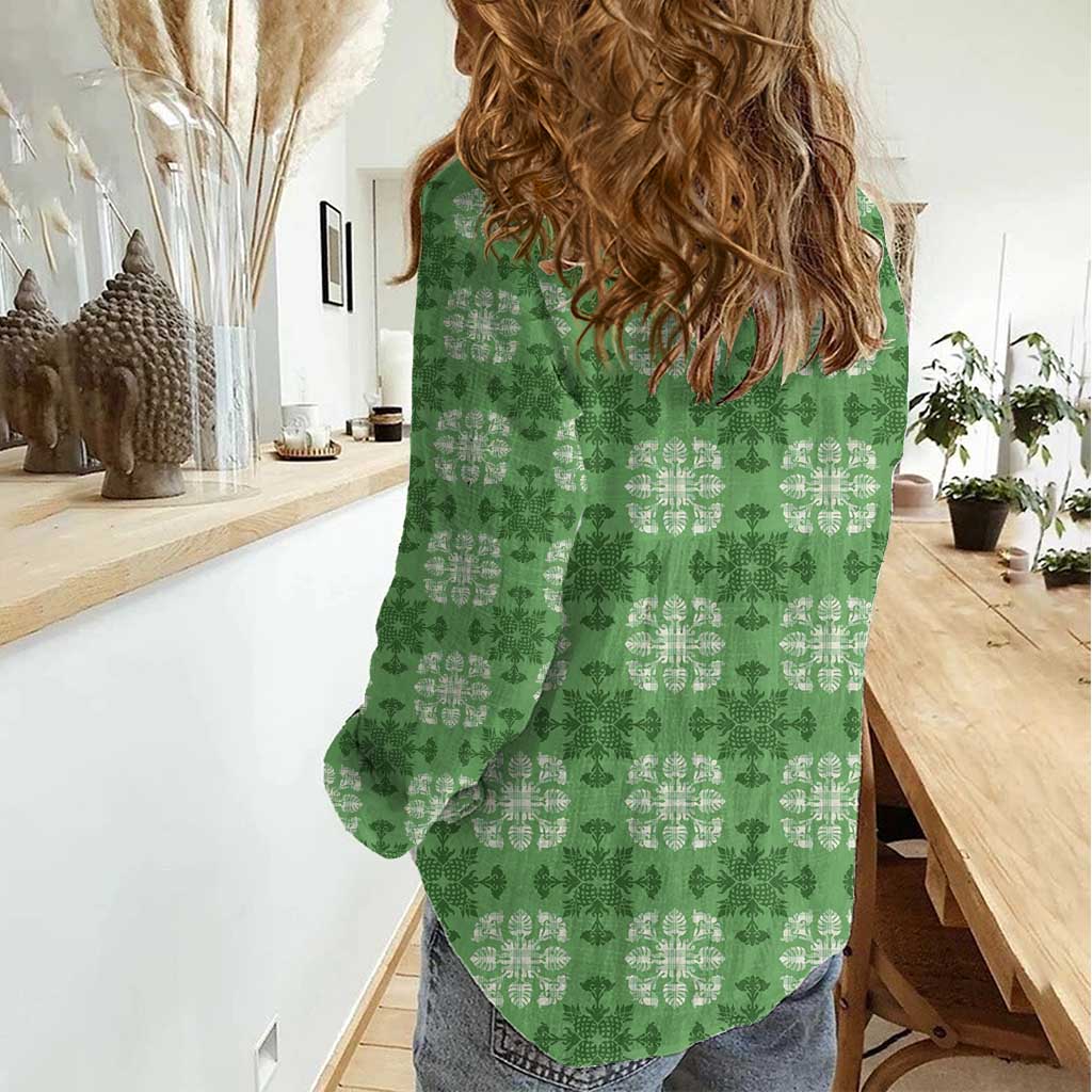 Green Hawaiian Quilt Women Casual Shirt Hawaii Pineapple Monstera Palaka Motifs - Polynesian Pride