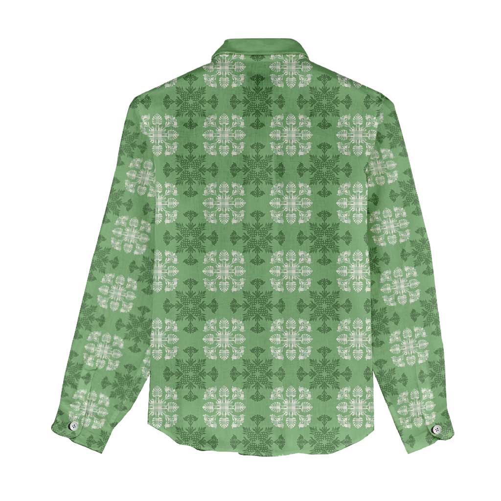 Green Hawaiian Quilt Women Casual Shirt Hawaii Pineapple Monstera Palaka Motifs - Polynesian Pride