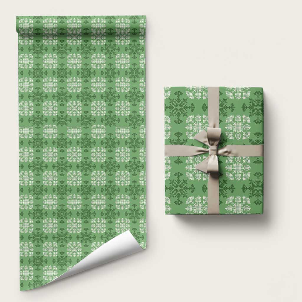 Green Hawaiian Quilt Wrapping Paper Hawaii Pineapple Monstera Palaka Motifs - Polynesian Pride