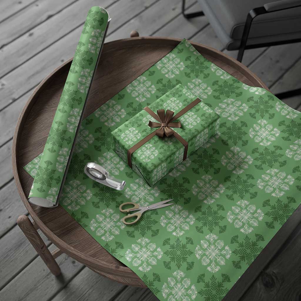 Green Hawaiian Quilt Wrapping Paper Hawaii Pineapple Monstera Palaka Motifs - Polynesian Pride
