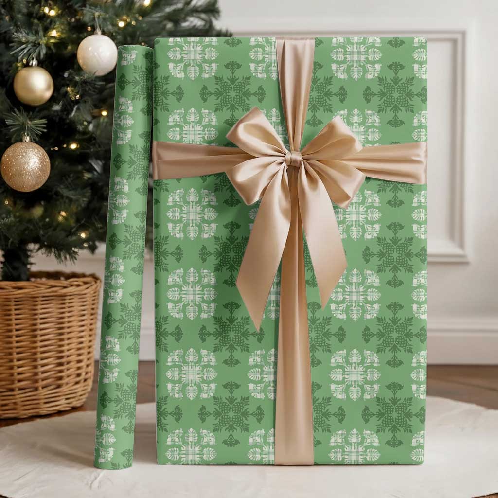 Green Hawaiian Quilt Wrapping Paper Hawaii Pineapple Monstera Palaka Motifs - Polynesian Pride