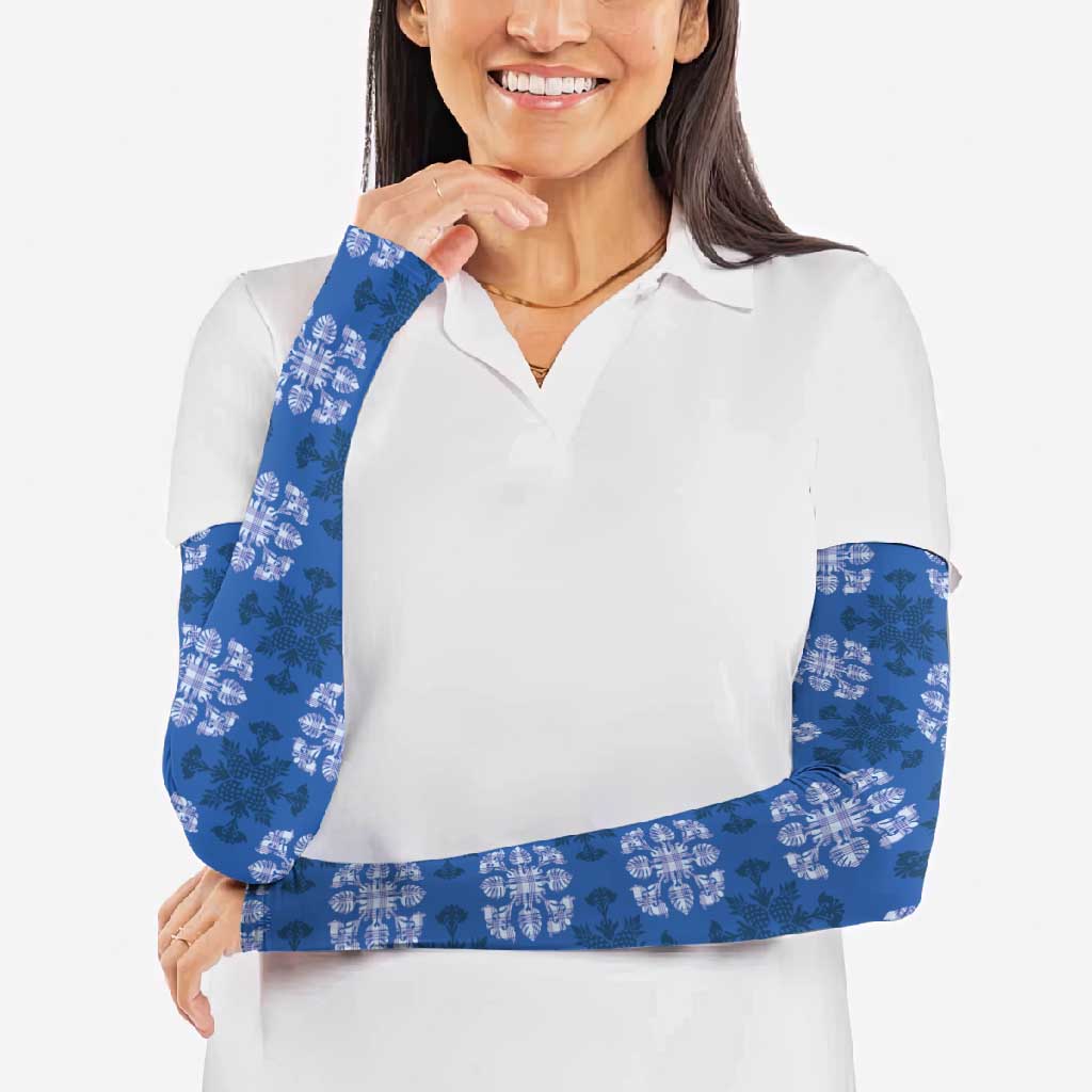 Royal Blue Hawaiian Quilt Arm Sleeves Hawaii Pineapple Monstera Palaka Motifs - Polynesian Pride