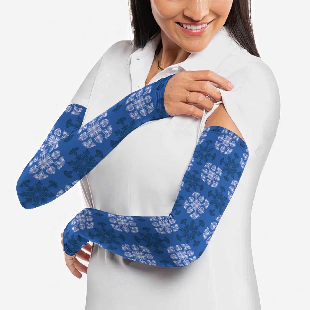 Royal Blue Hawaiian Quilt Arm Sleeves Hawaii Pineapple Monstera Palaka Motifs - Polynesian Pride